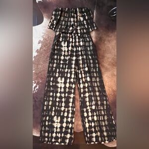 Tyche Black and Cream Off-Shoulder Tie-Dye Wide-Leg Jumpsuit